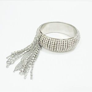 Vintage Rhinestone Mesh Fringe Silver Tone Bangle Bracelet